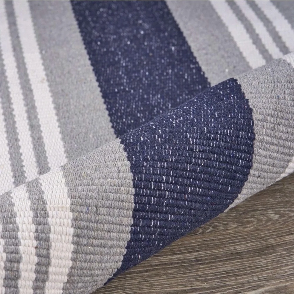 LR HOME 4 Ft. Coastal Cottage Striped Woven Accent Area Rug Navy Blue Grey White